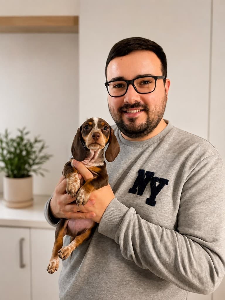 Gareth, Chief Risk Officer of PetBookr, holding a dachshund puppy