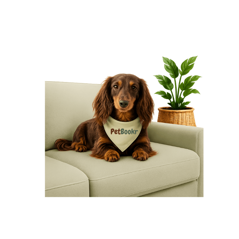 Long-haired dachshund wearing a PetBookr bandana on a sage green sofa