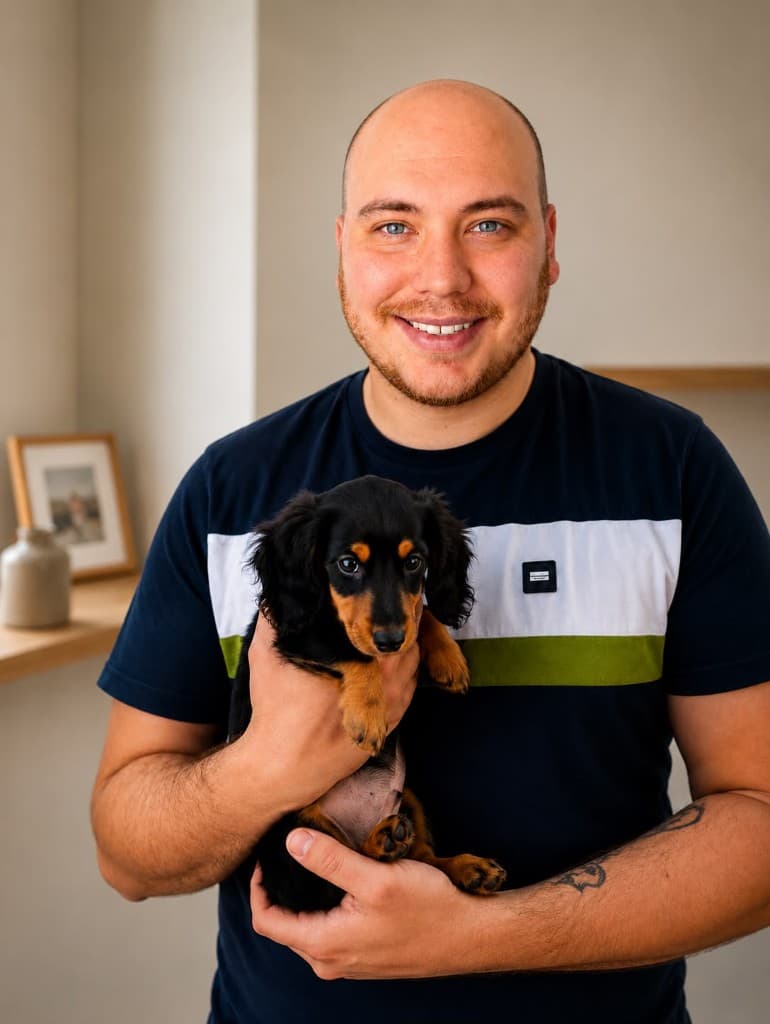 Jarred, Chief Operating Officer of PetBookr, holding a dachshund puppy