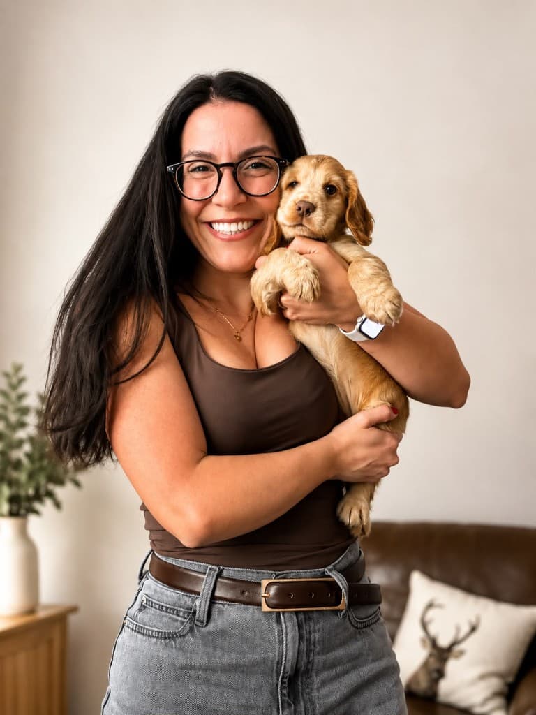 Jess, Marketing & Social Media at PetBookr, holding a puppy