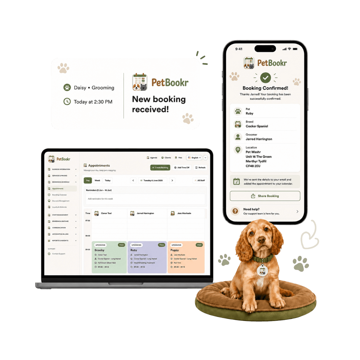 PetBookr dashboard on laptop with mobile booking confirmation, appointment notifications, and a happy dog