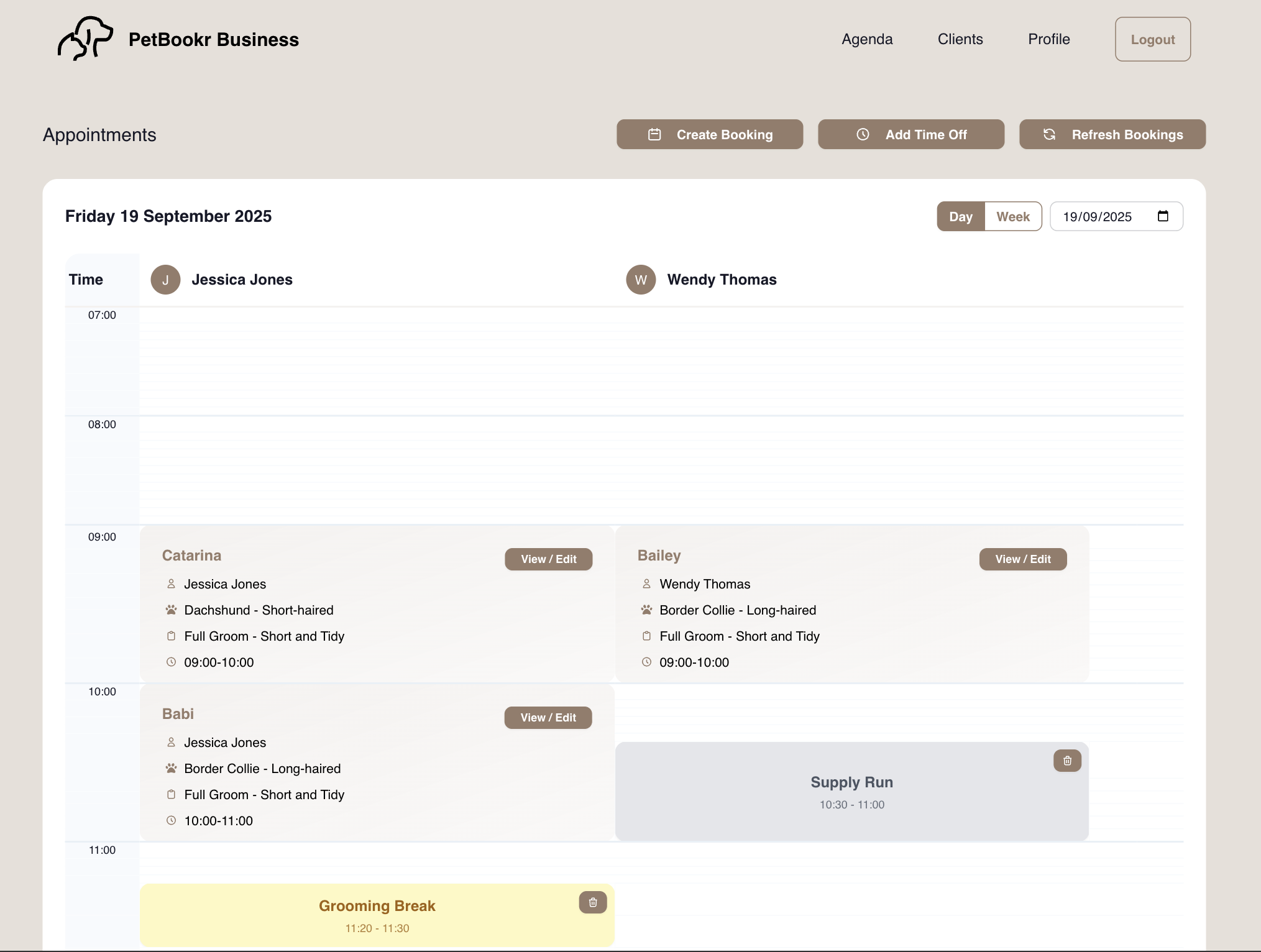 PetBookr Business Appointments Dashboard